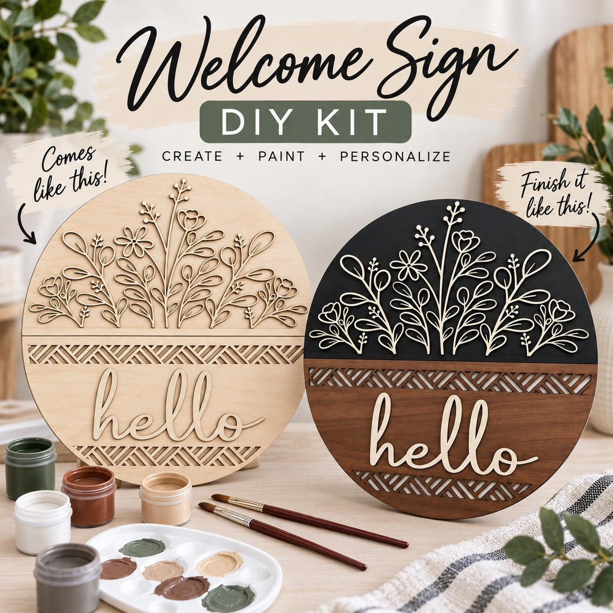 DIY Hello Front Door Sign | Paint Your Own Door Hanger | 15 Round Wooden Door Sign | DIY Porch Decor | Laser Cut Birch Sign