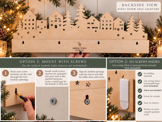 Stocking-holder mounting guide showing rear keyhole slots, screw installation and an adhesive strip option.