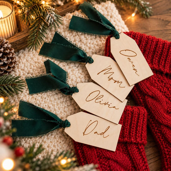 Engraved Owen, Mom, Olivia and Dad wooden tags with green ties resting on knitted stockings.