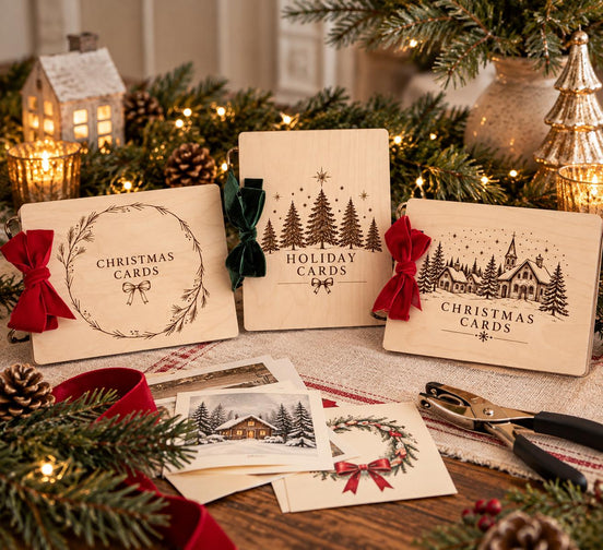 Three wooden holiday card books with wreath, tree and church designs, displayed with red and green bows.