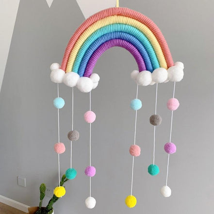 Room Decoration Handmade Woven Cotton Rope Rainbow Hanging Decoration Rainbow with Pom Pom Ball Wall Hanging Garlands for Kids Room Baby Shower Party Supplies Wall Hanging Decor With Felt Ball Photo Props