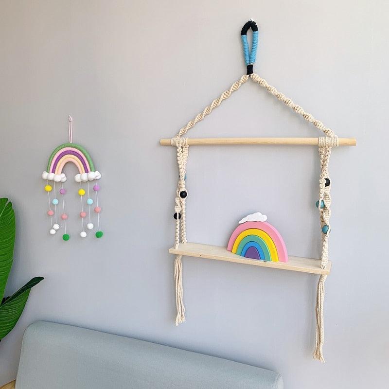 Room Decoration Handmade Woven Cotton Rope Rainbow Hanging Decoration Rainbow with Pom Pom Ball Wall Hanging Garlands for Kids Room Baby Shower Party Supplies Wall Hanging Decor With Felt Ball Photo Props